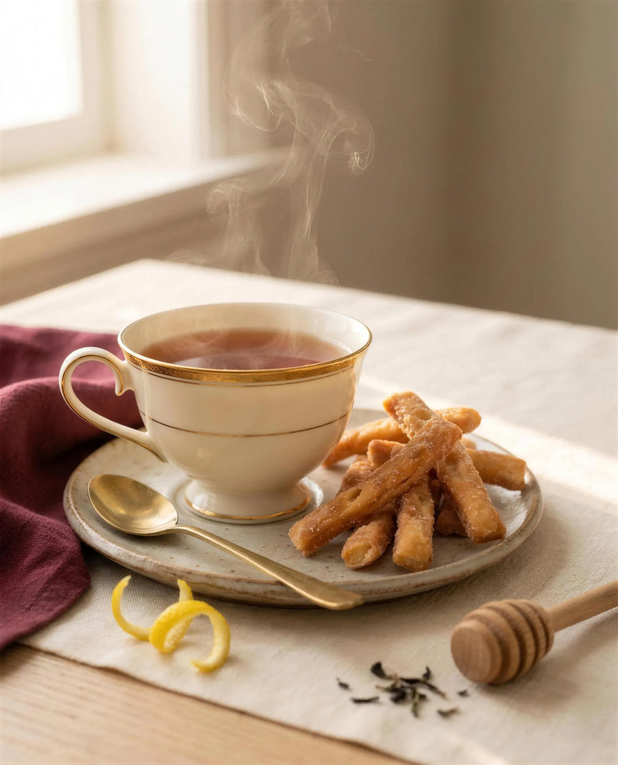 A cup of Earl Grey with a cluster of sugar-glazed Gingermon Kurma sticks, brass spoon and lemon peel, warm afternoon light