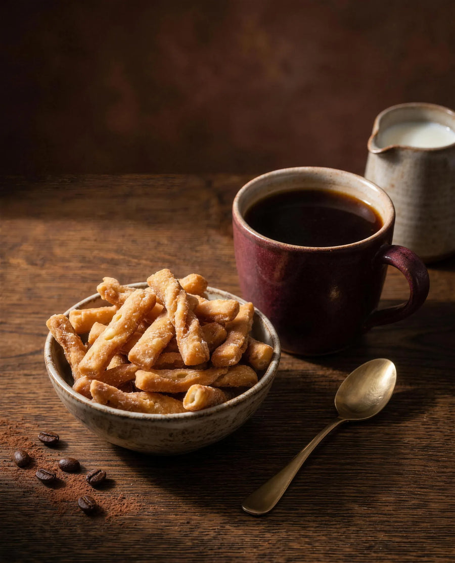 A dark coffee in stoneware beside a small bowl of golden Ginger Delight Kurma, scattered coffee beans, warm morning light