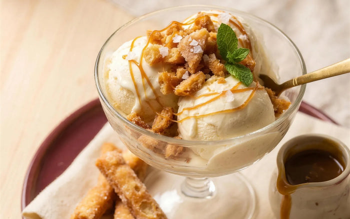 Discover hub card — Desserts with Kurma: vanilla ice cream topped with crushed Kurma and caramel
