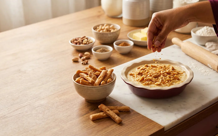 Discover hub card — Recipes & Ideas: a hand sprinkling crushed Kurma over a dish in a home kitchen